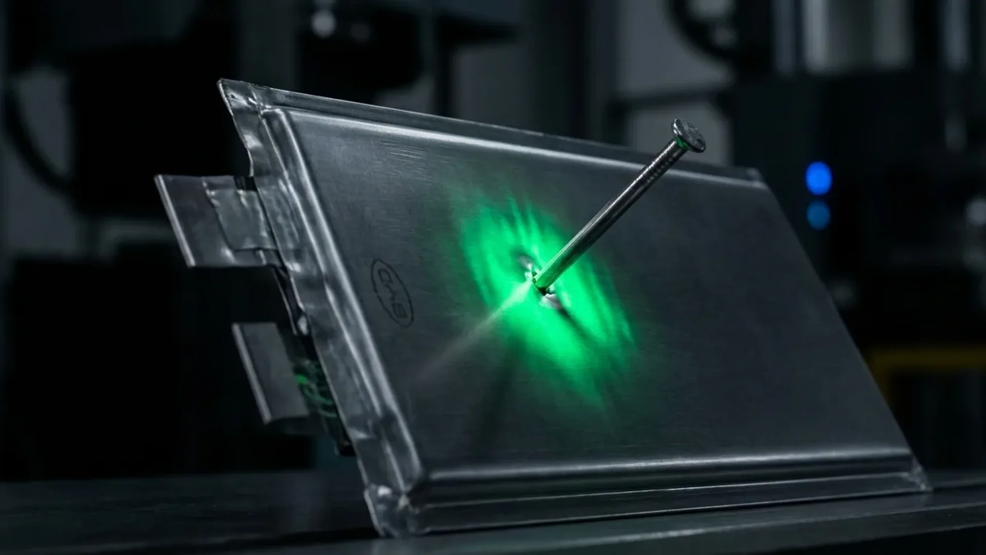 BYD Blade Battery undergoing nail penetration safety test without fire or smoke