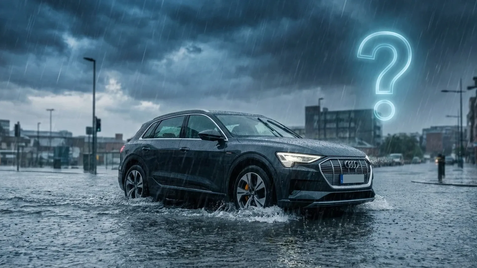 Electric vehicle driving through flood water showing IP67 waterproof protection and safety features