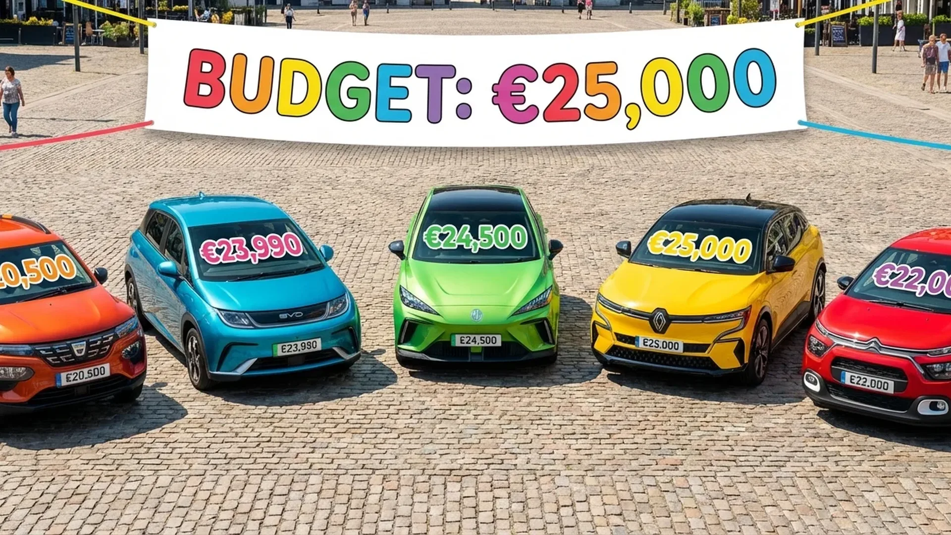 Comparison of the 8 most affordable electric cars under €25,000 in 2026 including Dacia Spring, Citroën ë-C3 and BYD Dolphin Surf