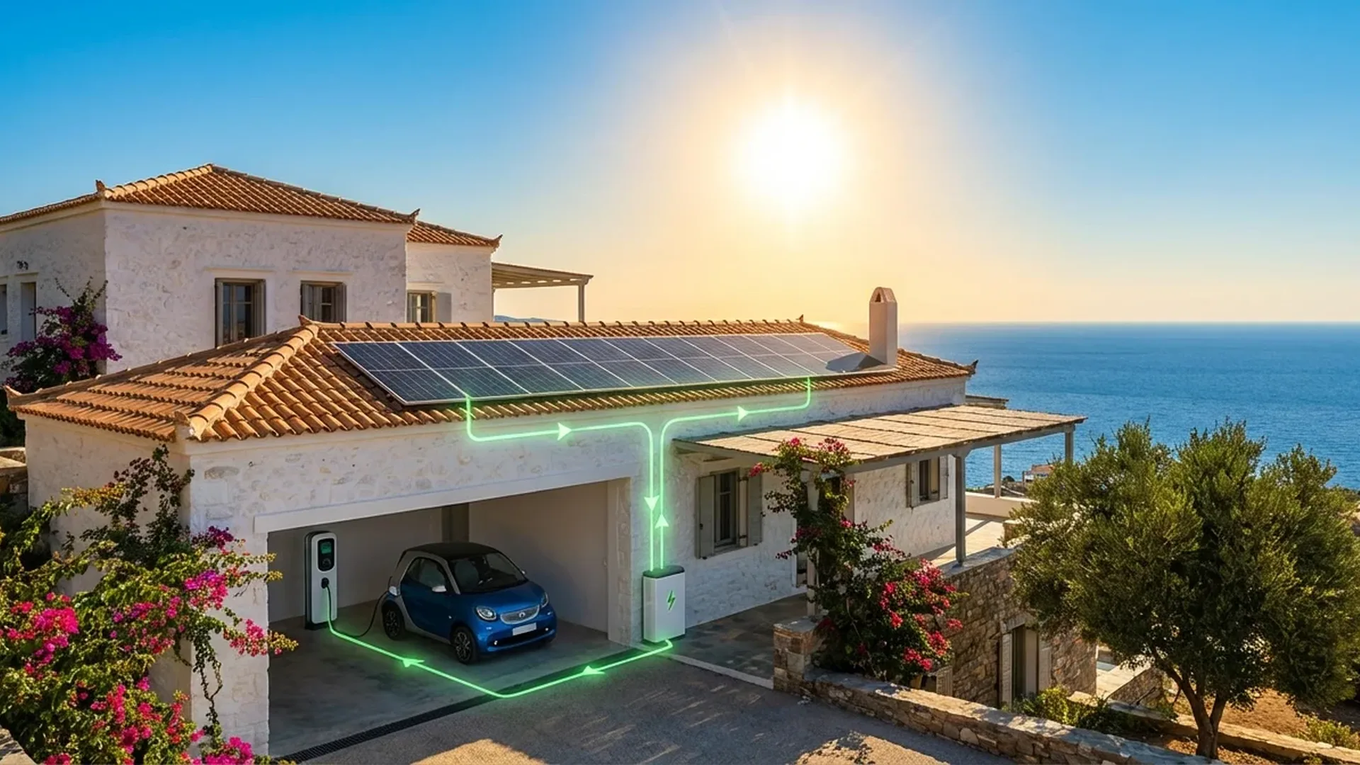 Solar panels installed on residential roof with electric vehicle charging station below, demonstrating integrated home energy system