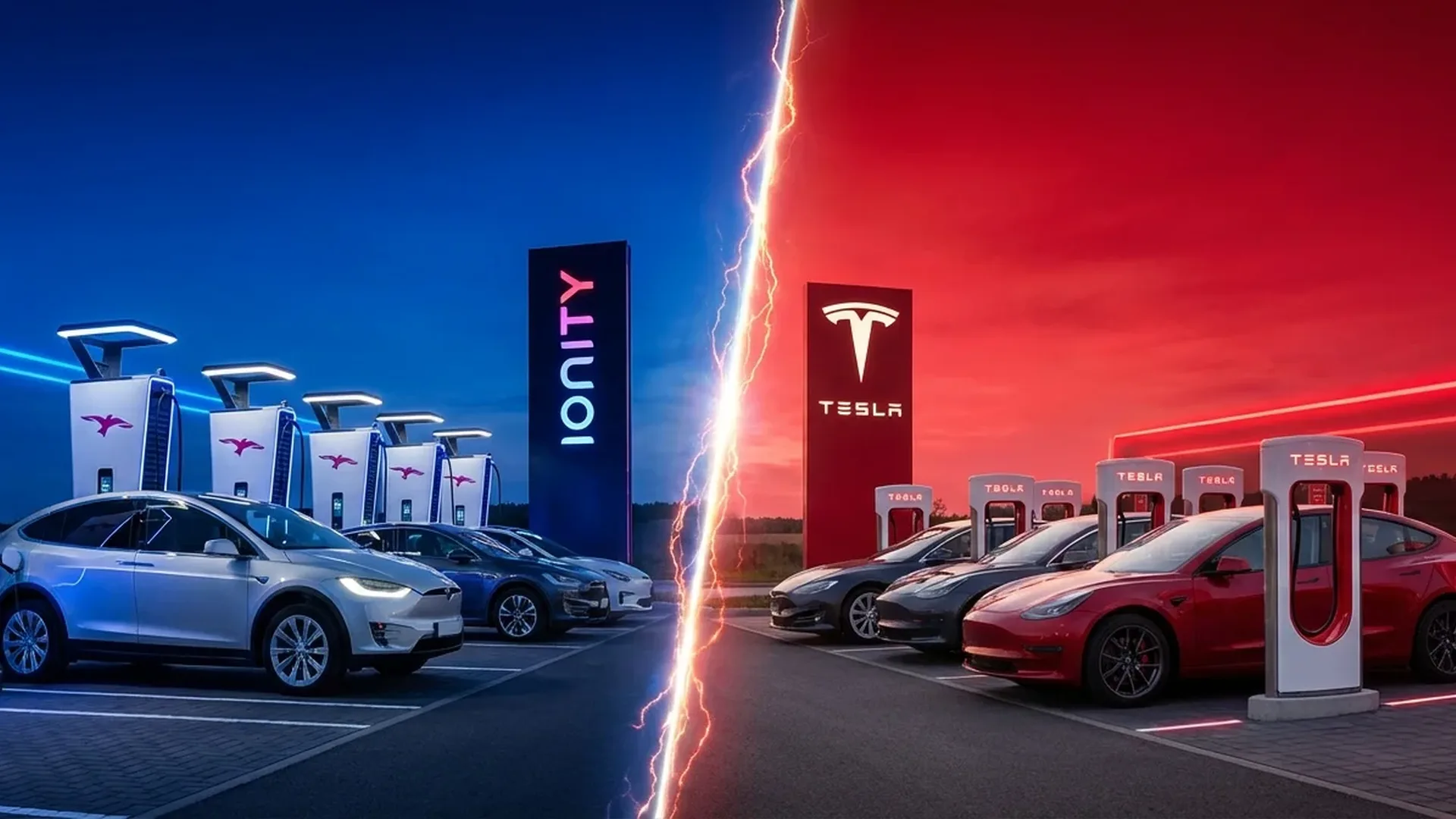 Ionity high-power charging station next to Tesla Supercharger comparison showing 350kW vs 250kW charging speeds