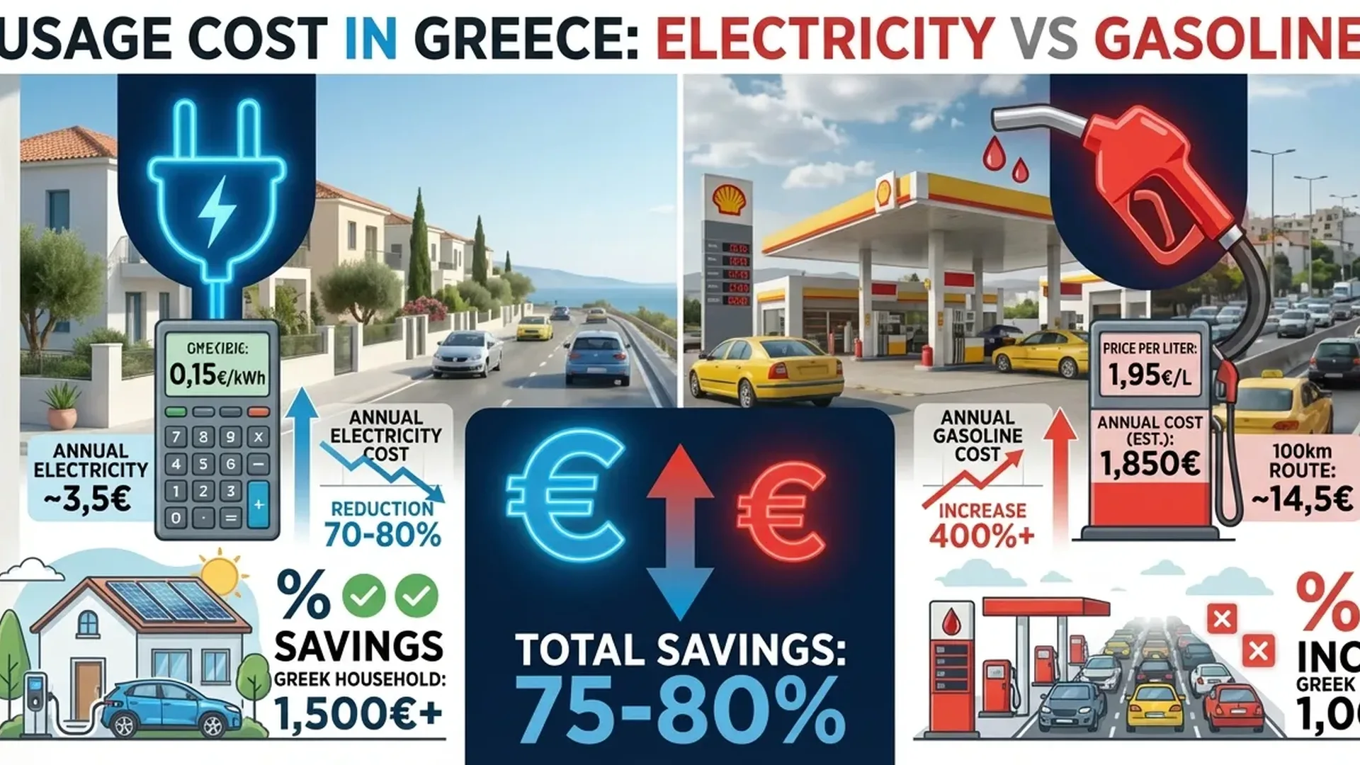 Detailed comparison chart showing EV electricity costs versus gasoline prices in Greece with per-kilometer breakdown
