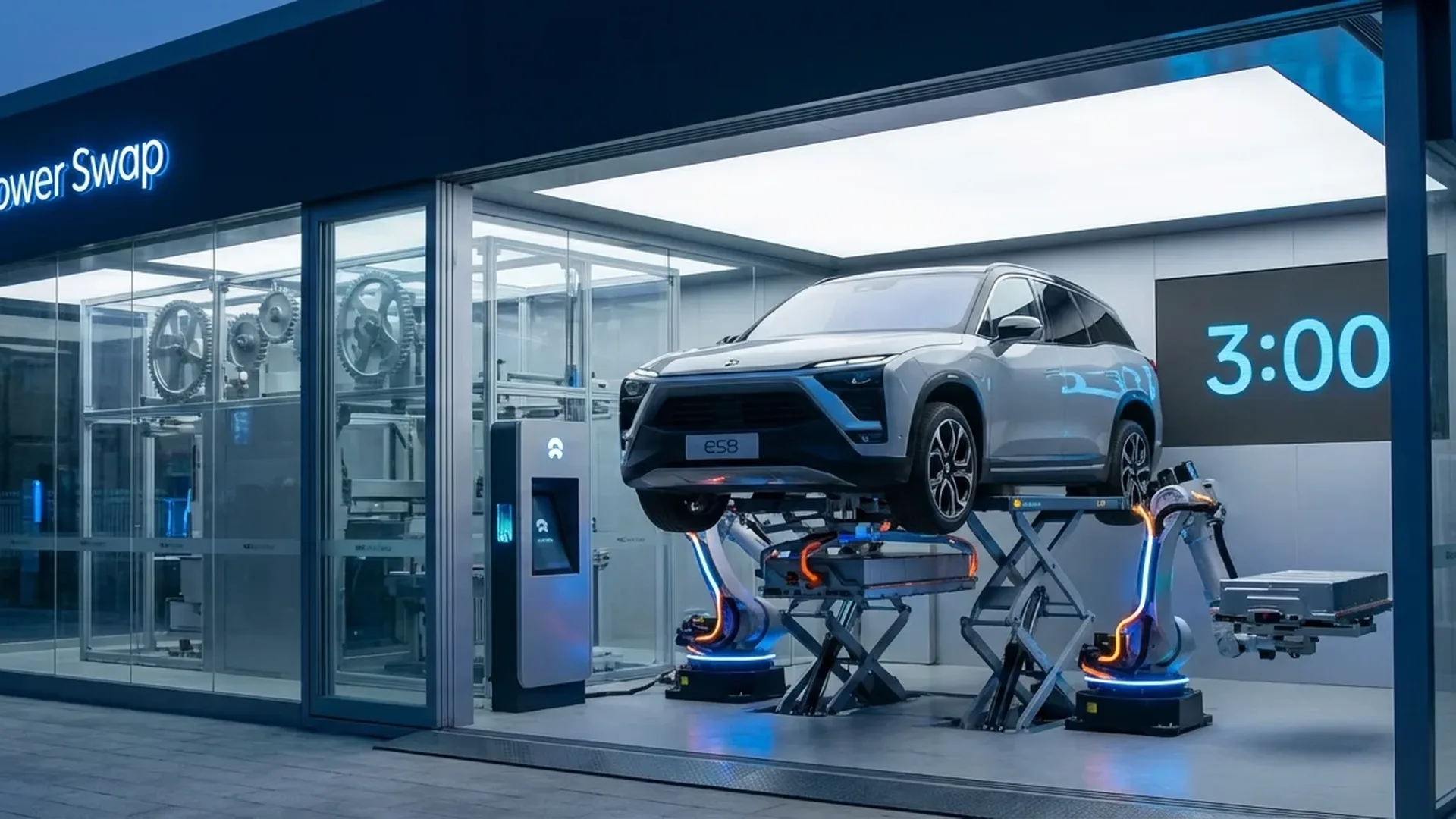 Nio Power Swap station performing automated 3-minute battery exchange on electric vehicle