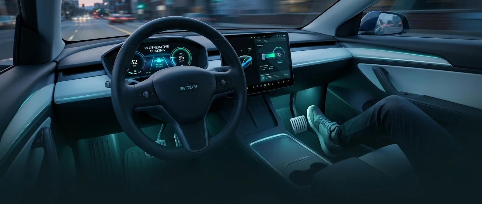 Electric vehicle dashboard showing one pedal driving mode with regenerative braking system active