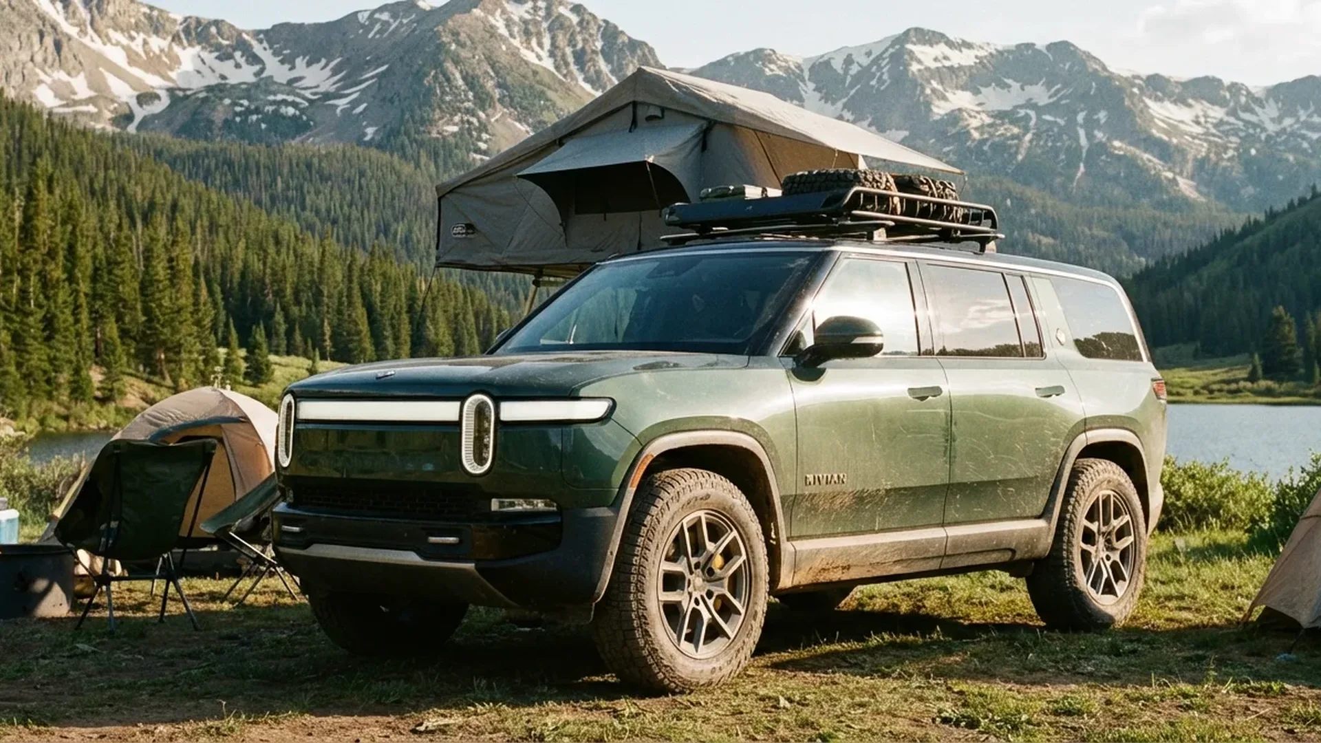 Rivian R2 electric SUV exterior showcasing rugged off-road design and adventure capability