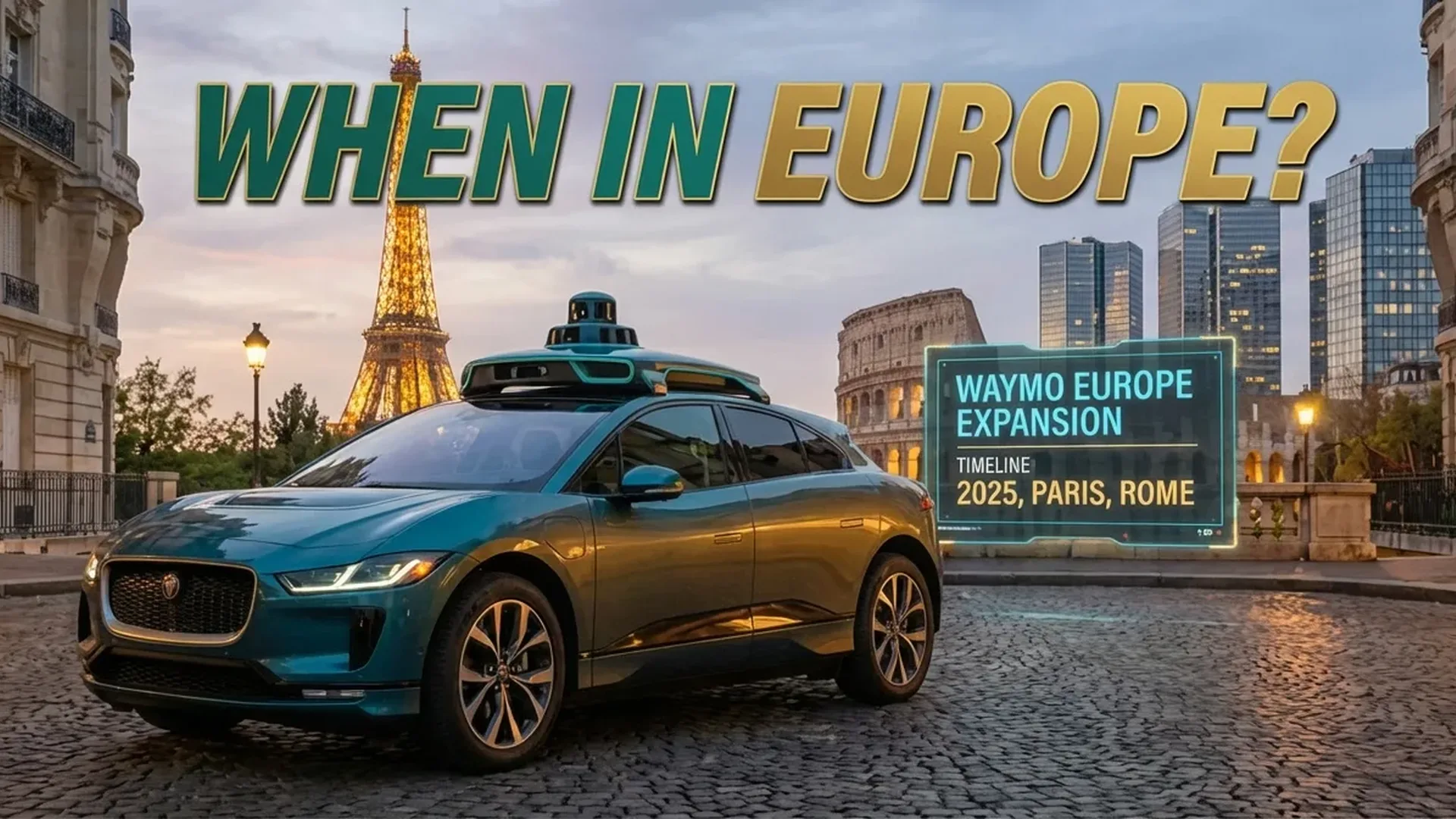 Autonomous robotaxi driving through European city streets with passengers inside