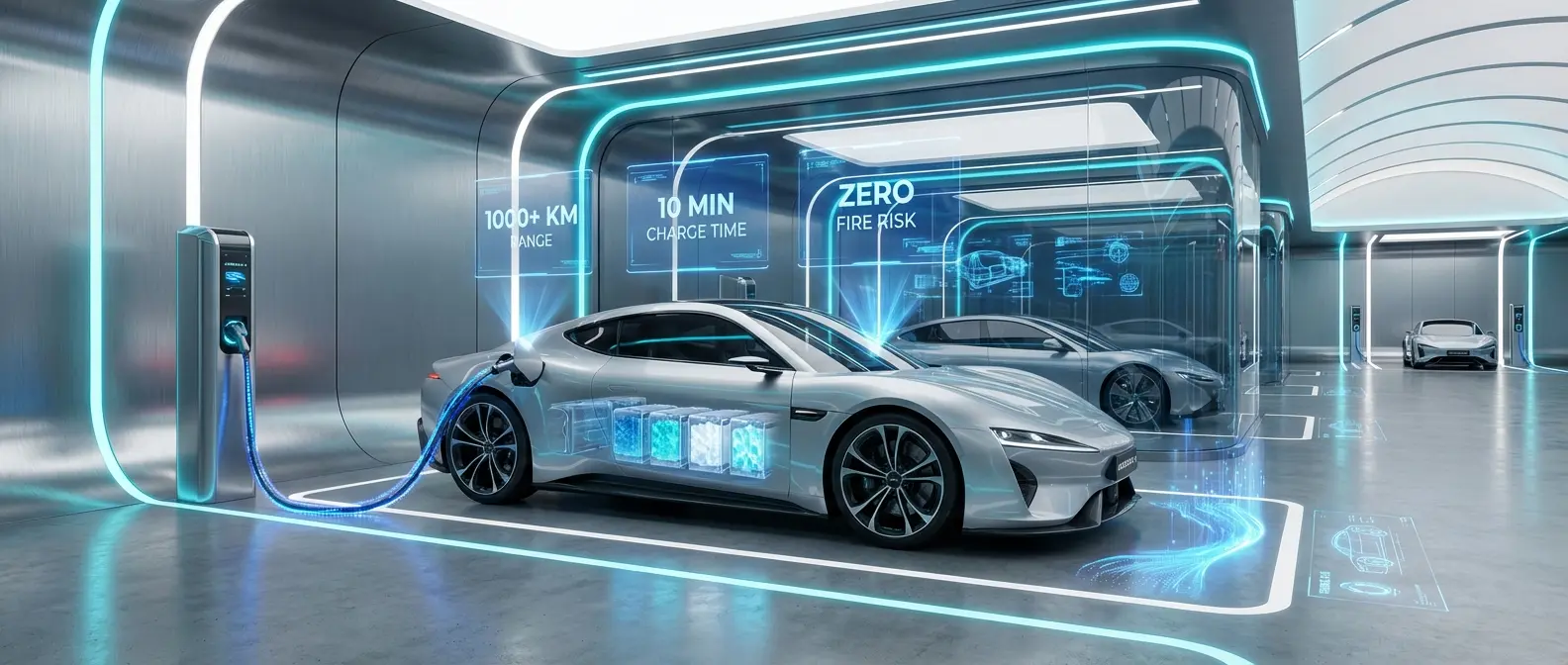 Futuristic electric vehicle at charging station showcasing solid-state battery technology