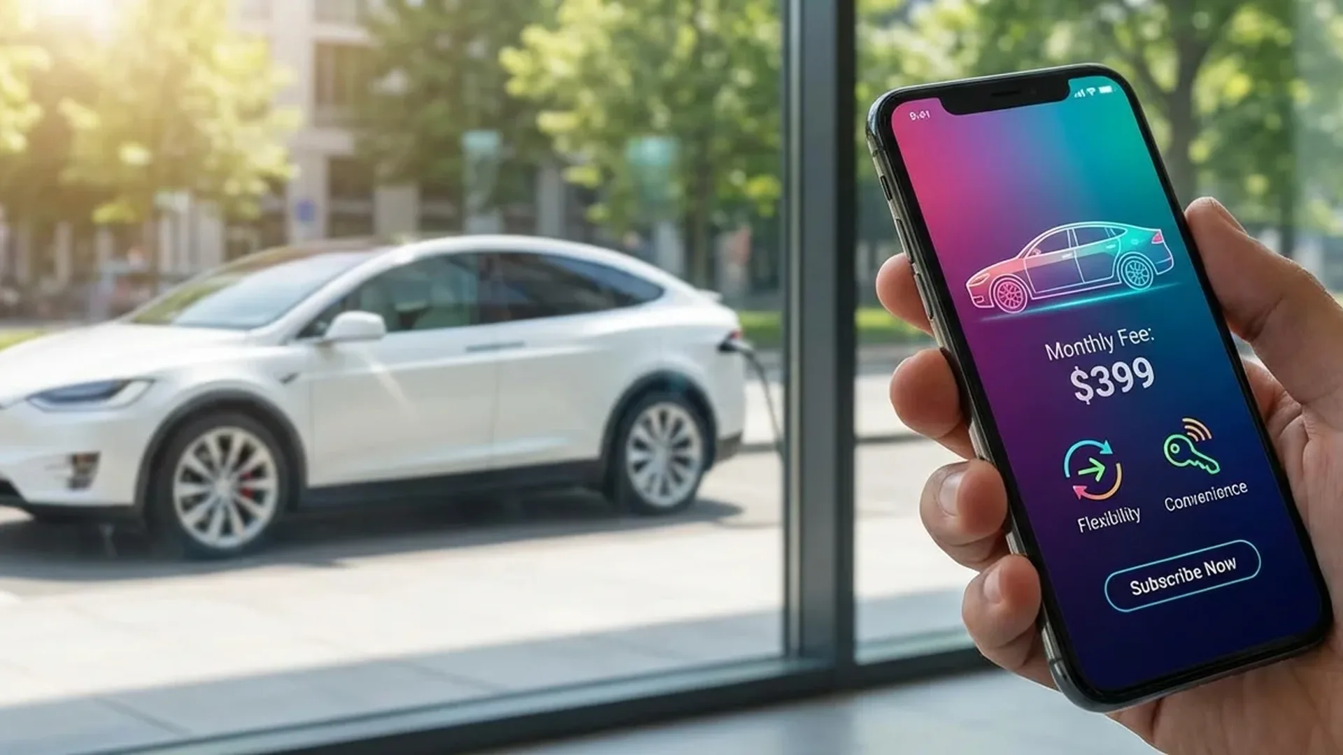 Electric vehicle subscription service dashboard showing monthly pricing and included benefits