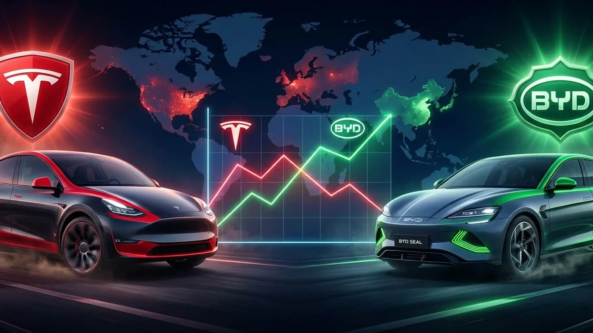 Tesla Model 3 and BYD Seal electric vehicles side by side comparison showing global EV market competition in 2026