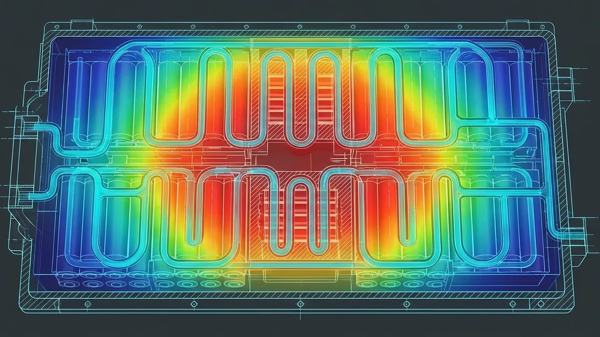 EV battery thermal management system diagram showing liquid cooling loops and heat exchangers