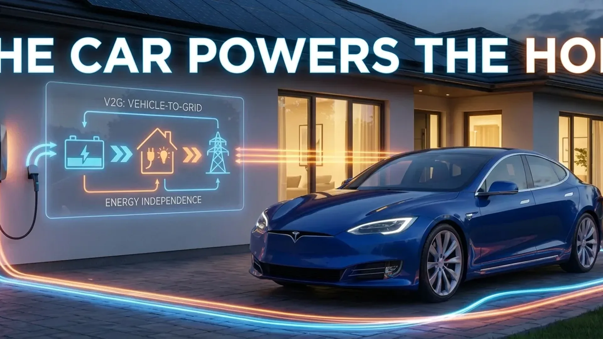 Electric vehicle connected to bidirectional charger selling energy back to the power grid through V2G technology