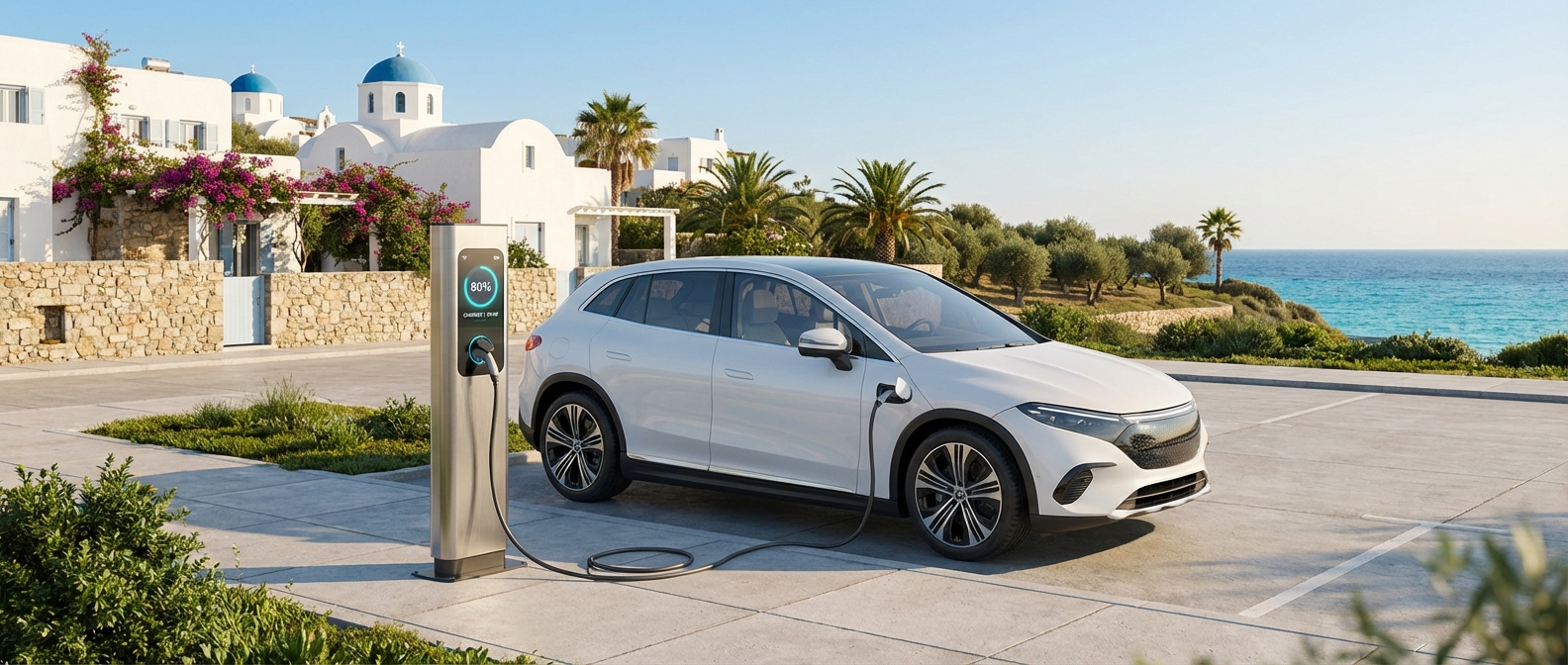 Electric car charging at modern charging station in Athens Greece