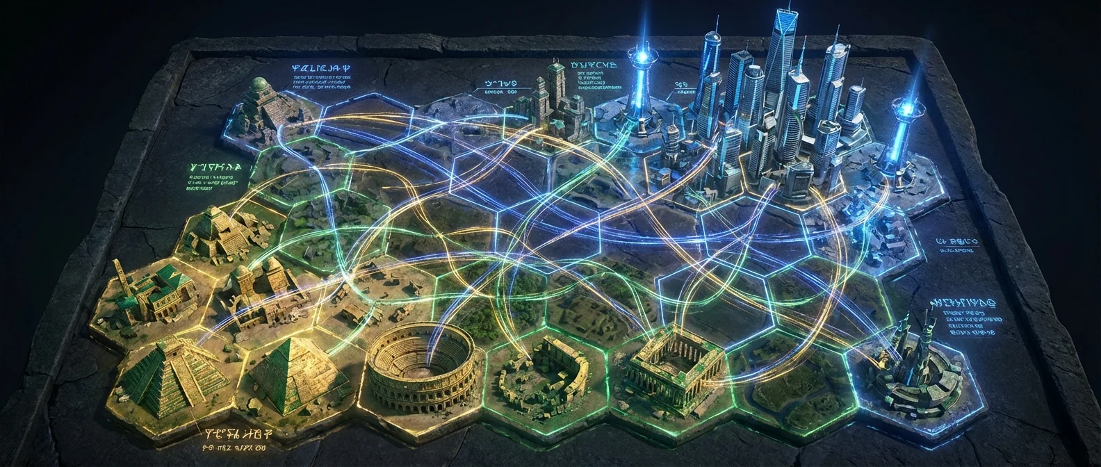 Civilization VII gameplay showing the three-age progression system with ancient, exploration, and modern eras