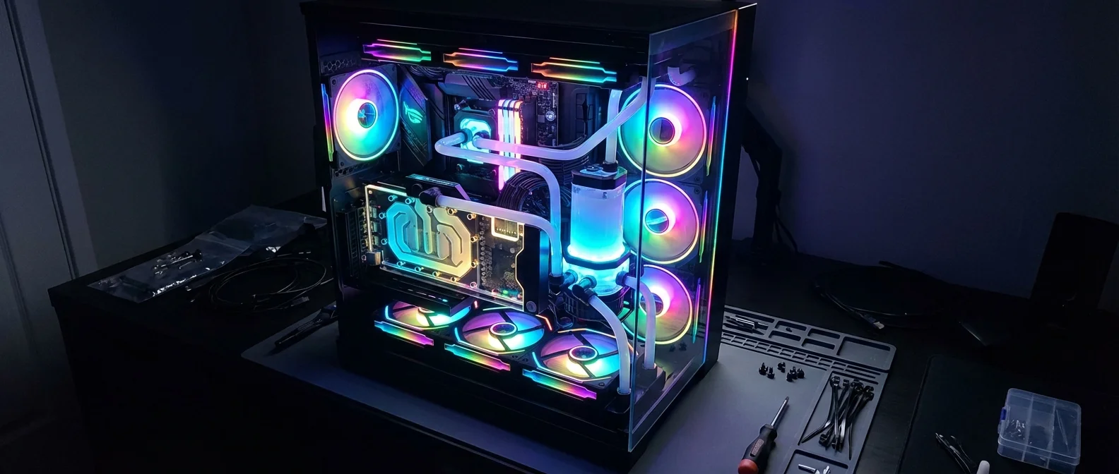 Custom gaming PC build with RTX 5090 graphics card and modern components on workbench