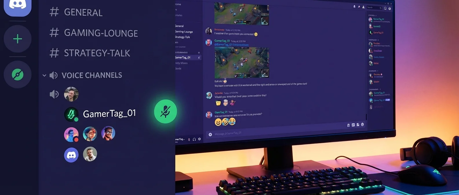 Discord gaming server interface showing voice channels, text chat, and member list for optimal gaming communication