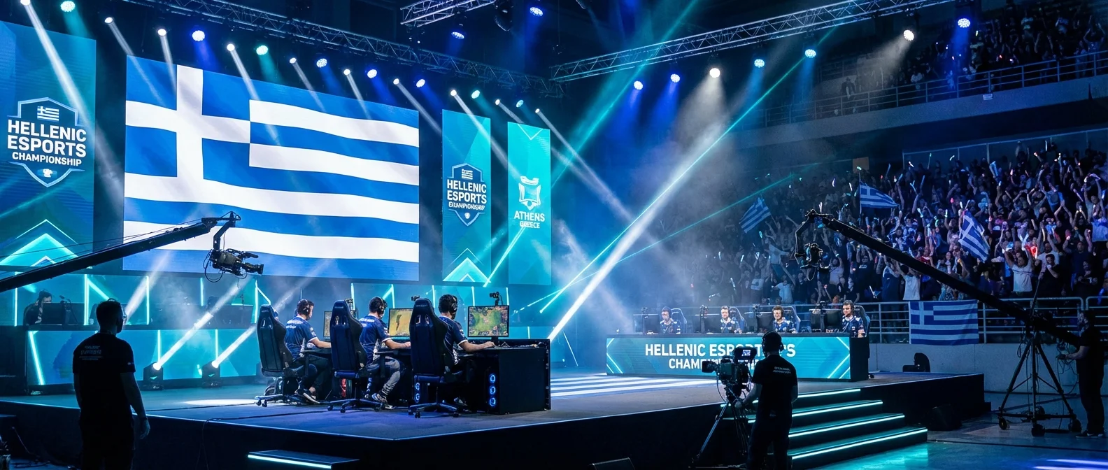 Greek esports tournament arena with competing teams and spectators in 2026