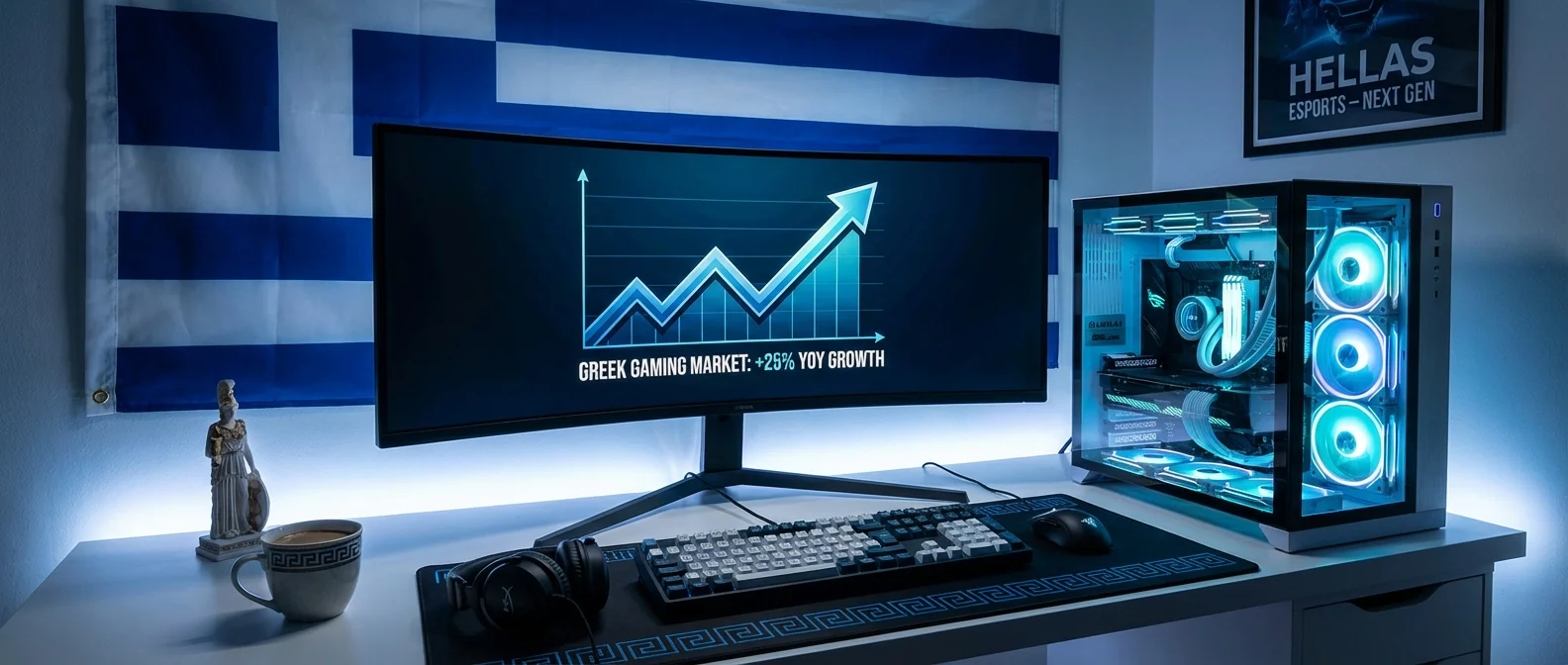 Greek gaming market statistics and trends visualization showing 2.5 million gamers and market growth data for 2026