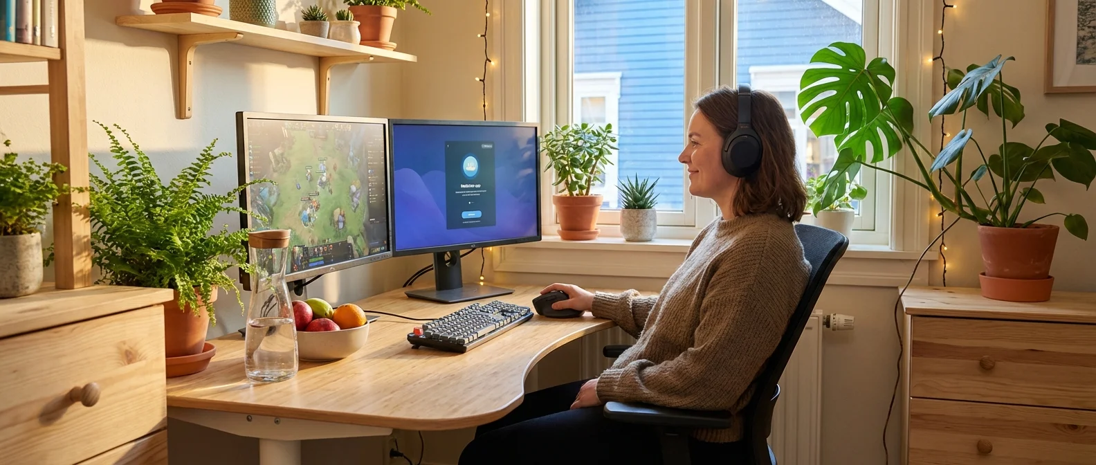 Gamer taking a healthy break from screen time, stretching and looking relaxed