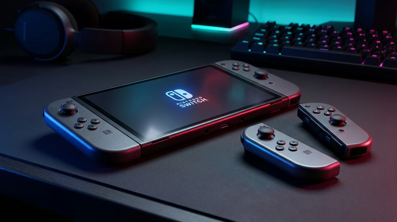 Nintendo Switch 2 console with Joy-Con controllers displaying main menu interface