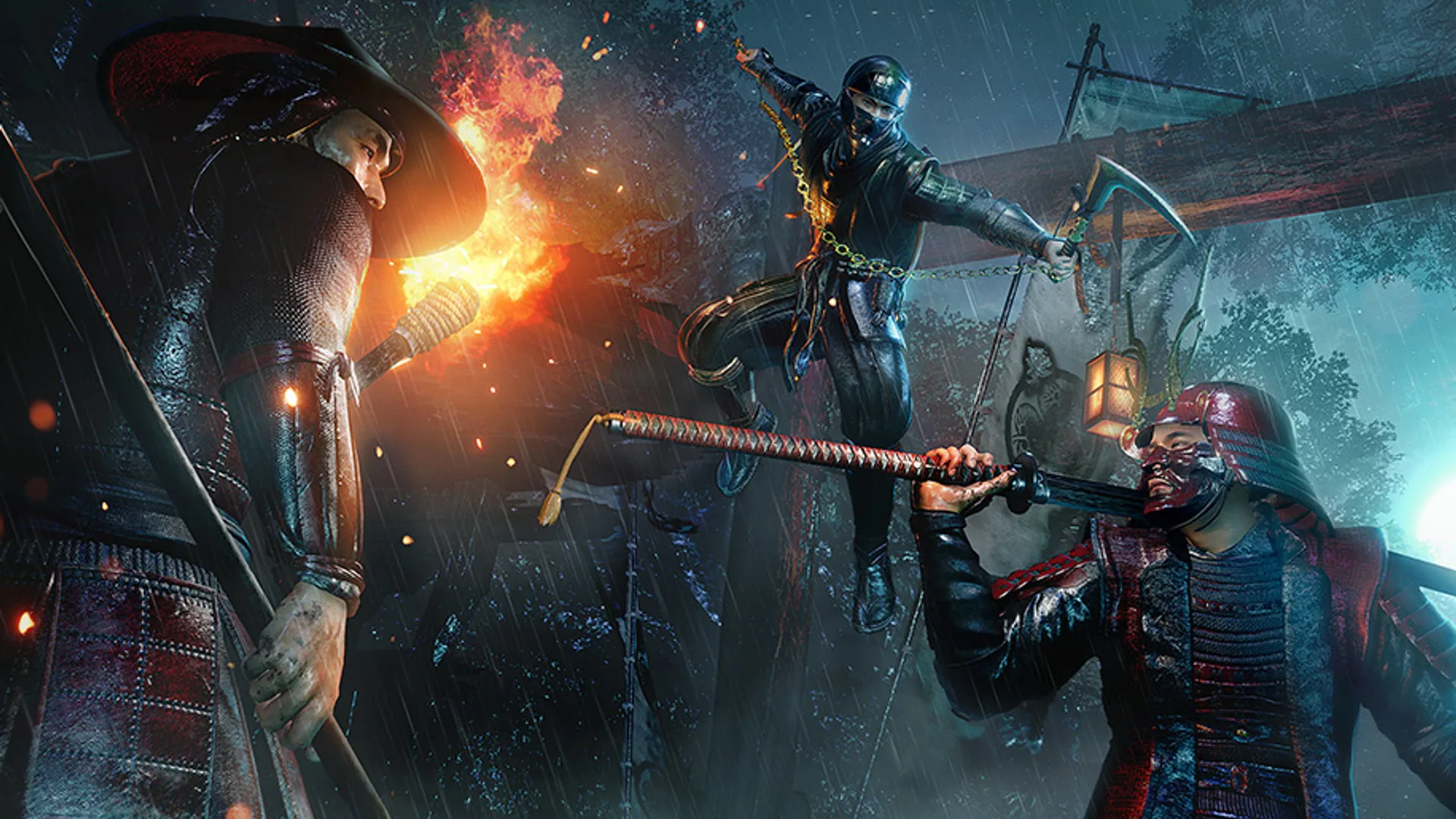 Nioh 3 gameplay showing dual samurai and ninja combat styles in feudal Japan setting