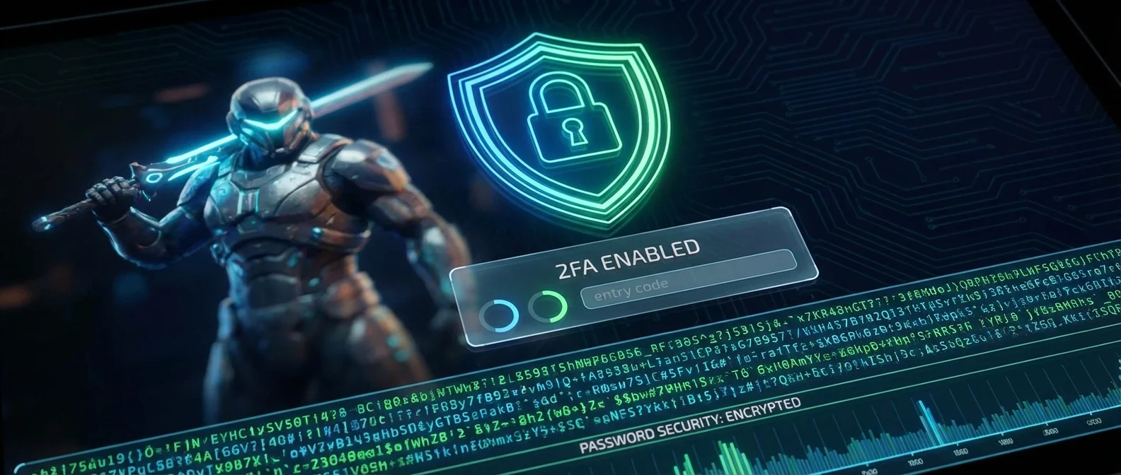 Comprehensive online gaming security guide showing essential protection methods including 2FA, strong passwords, and privacy settings for safe gaming in 2026