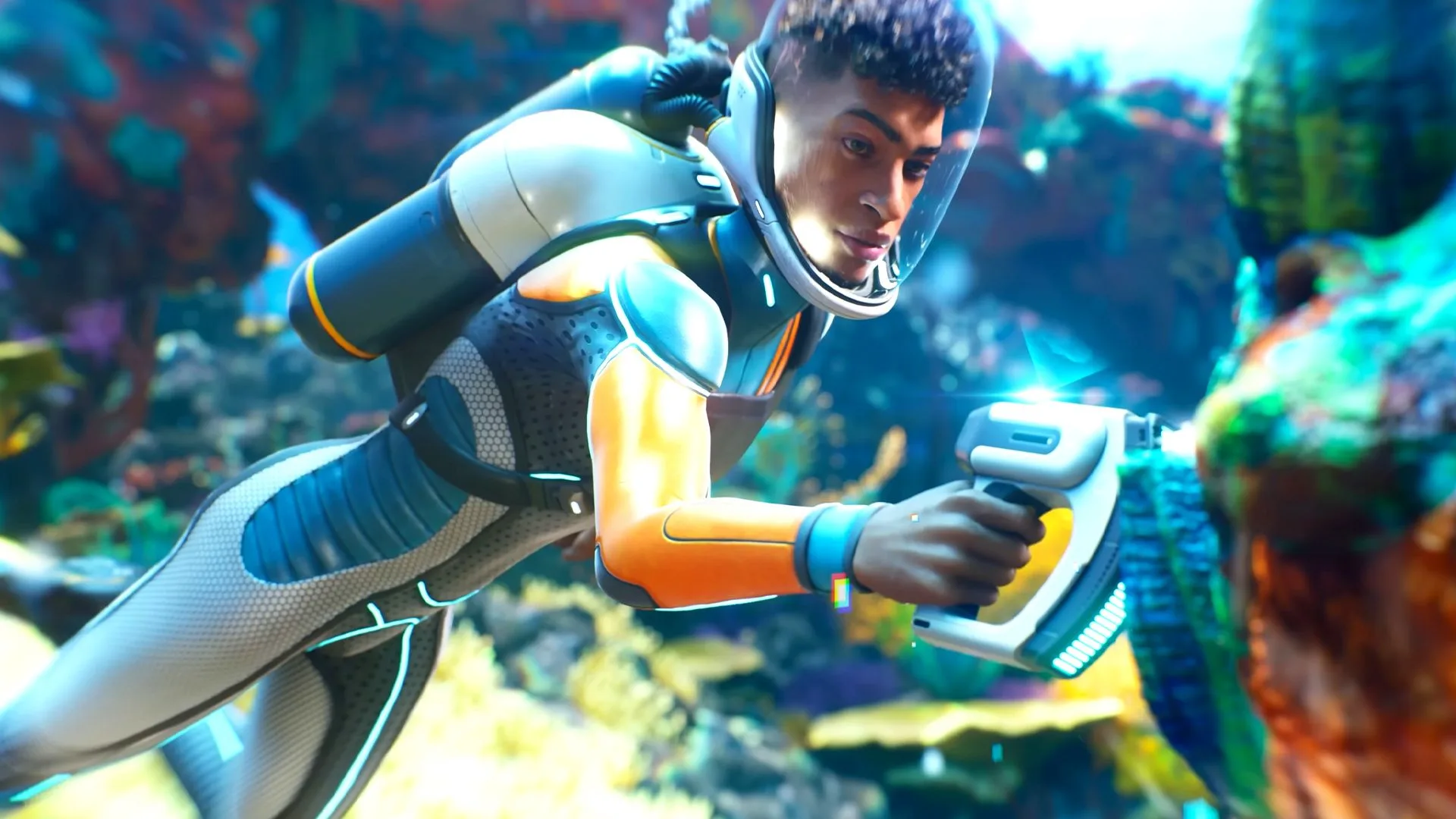 Subnautica 2 underwater co-op gameplay showing four players exploring alien ocean depths