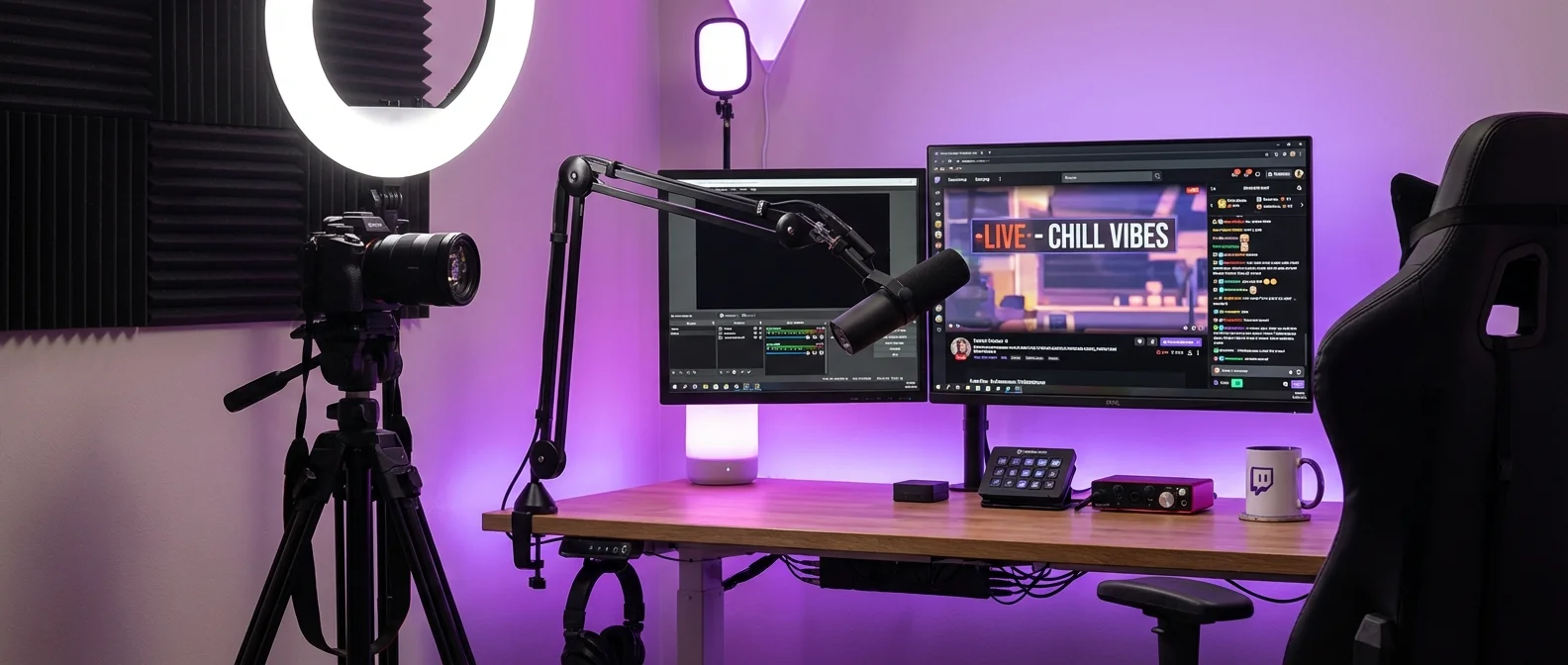 Twitch streaming setup with gaming equipment, microphone, camera and dual monitors displaying OBS software