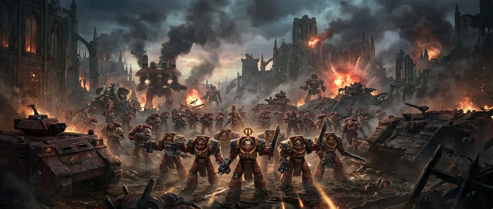 Warhammer 40K Dawn of War IV gameplay screenshot showing Space Marines in tactical RTS combat