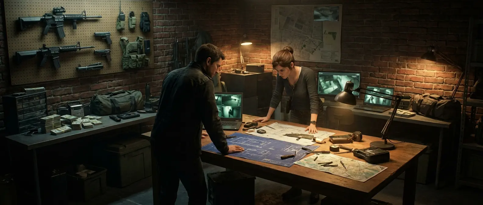 Jason and Lucia planning a heist in a dimly lit room with maps and blueprints