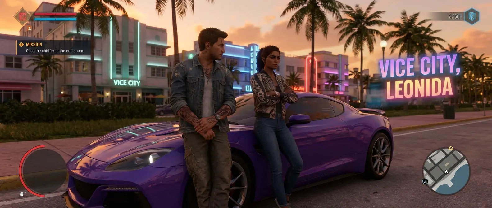 GTA 6 protagonists Jason and Lucia standing in front of neon-lit Vice City skyline