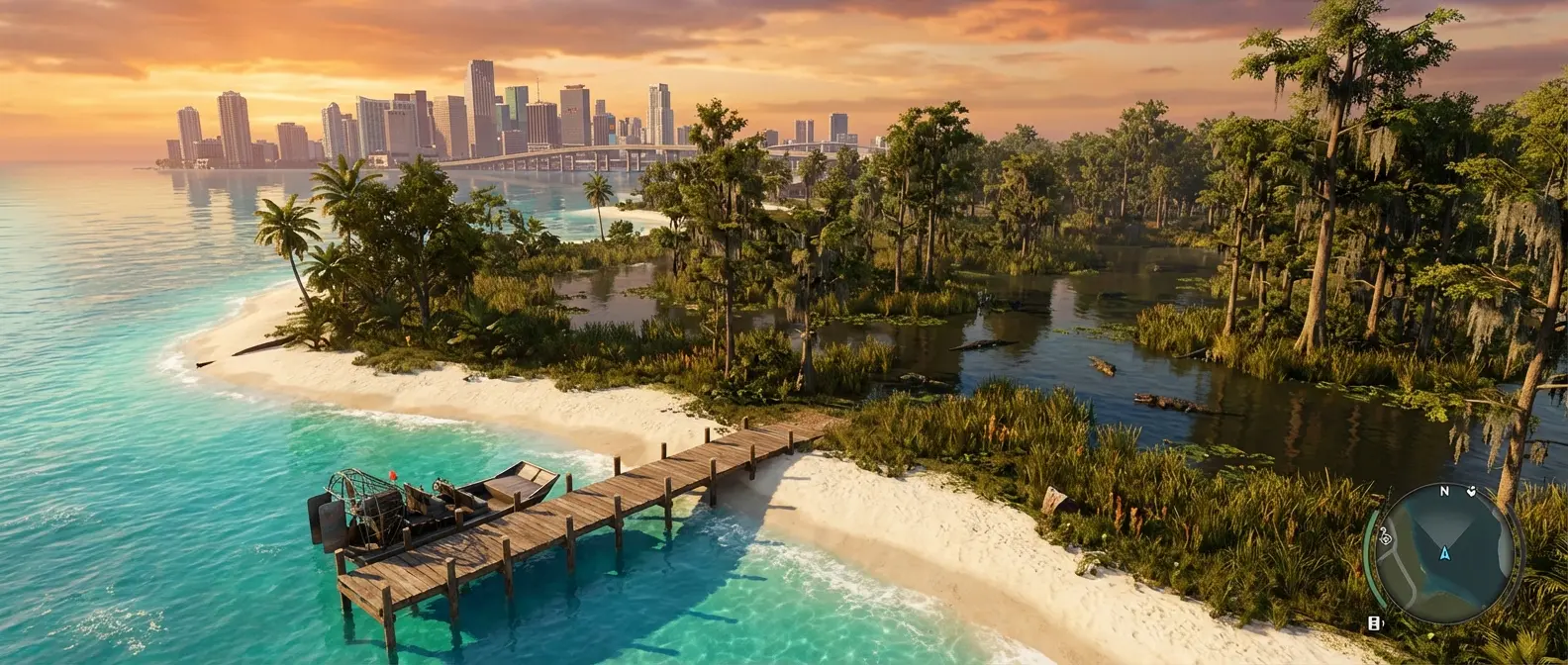 Diverse environments of Leonida showing beaches, urban areas, and swamplands