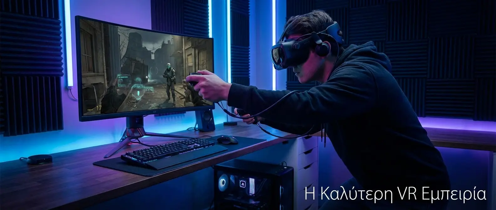 VR gaming setup with player wearing headset playing Half-Life Alyx