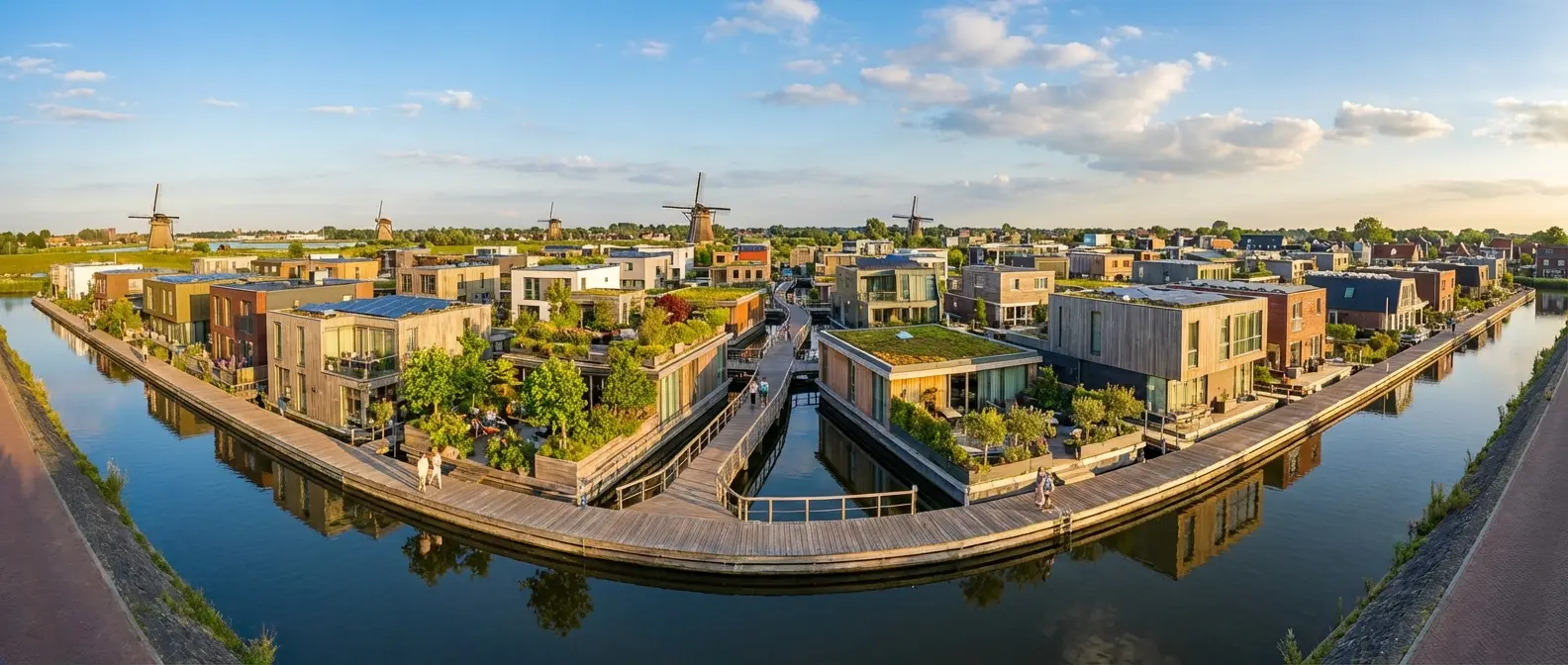 Modern floating homes anchored in Amsterdam's waterways with solar panels and sustainable design