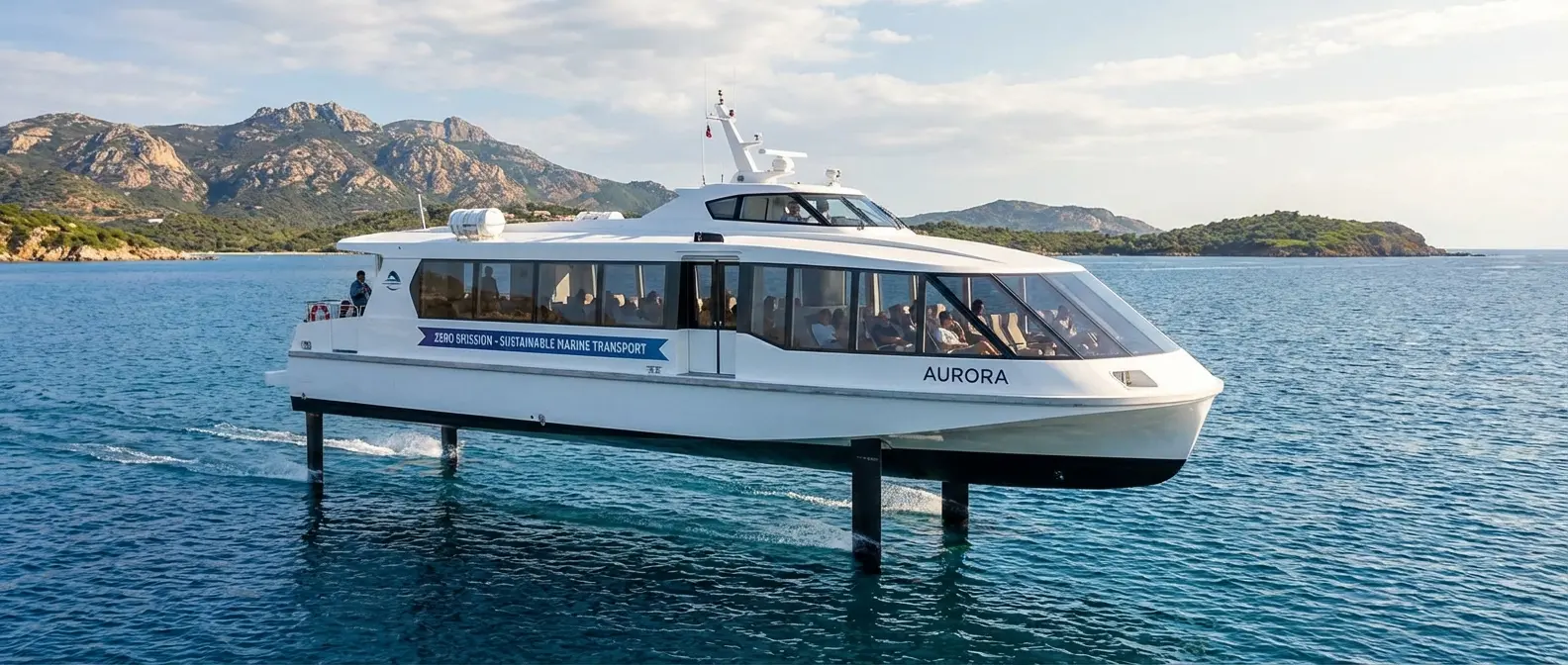 Electric hydrofoil ferry Candela P-12 flying above the waves