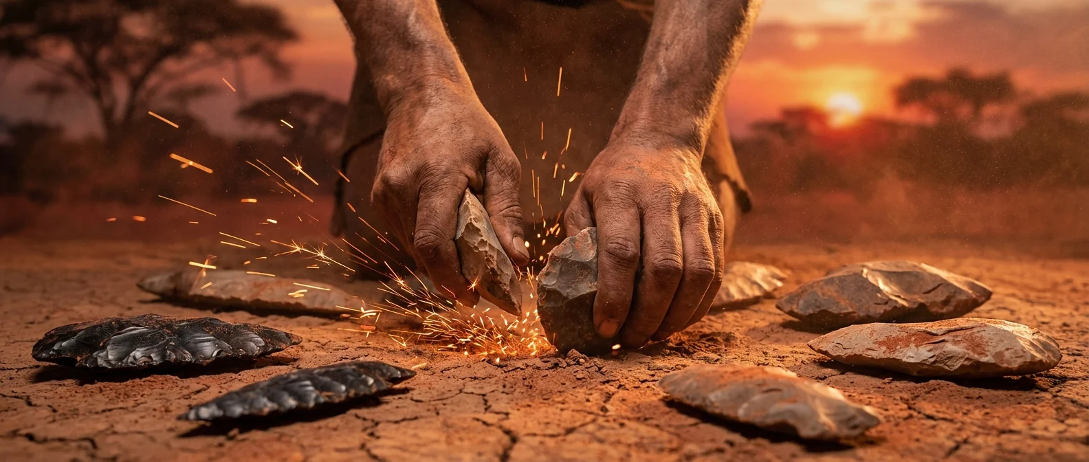 Early humans creating the first stone implements and discovering fire