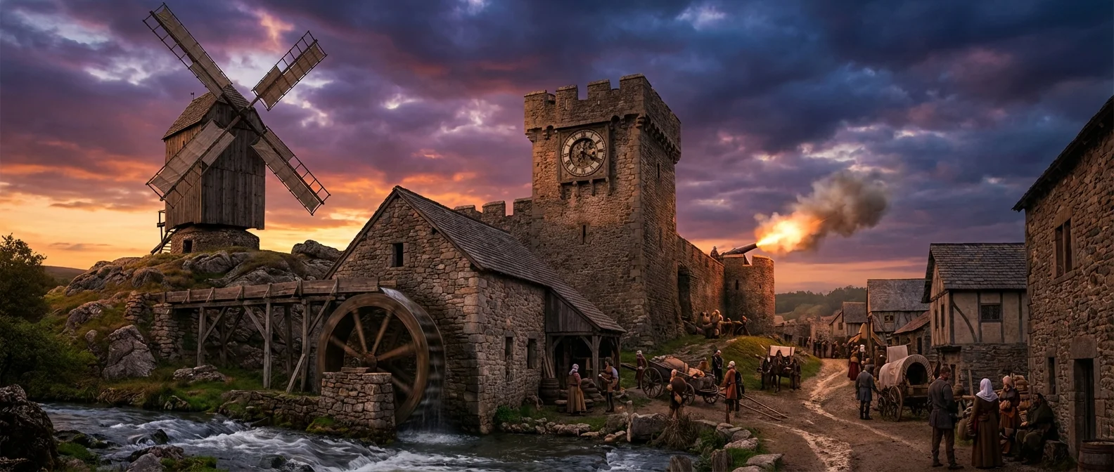 Medieval castle architecture with windmills and technological innovations