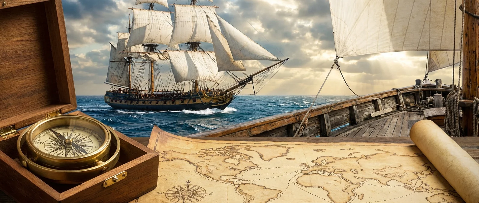 Age of Exploration ships with compass navigation and maritime technology