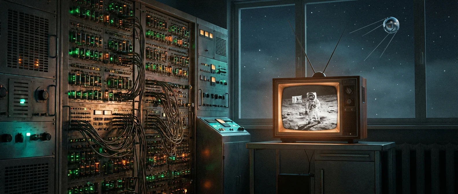 ENIAC computer, Sputnik satellite and Apollo 11 moon landing