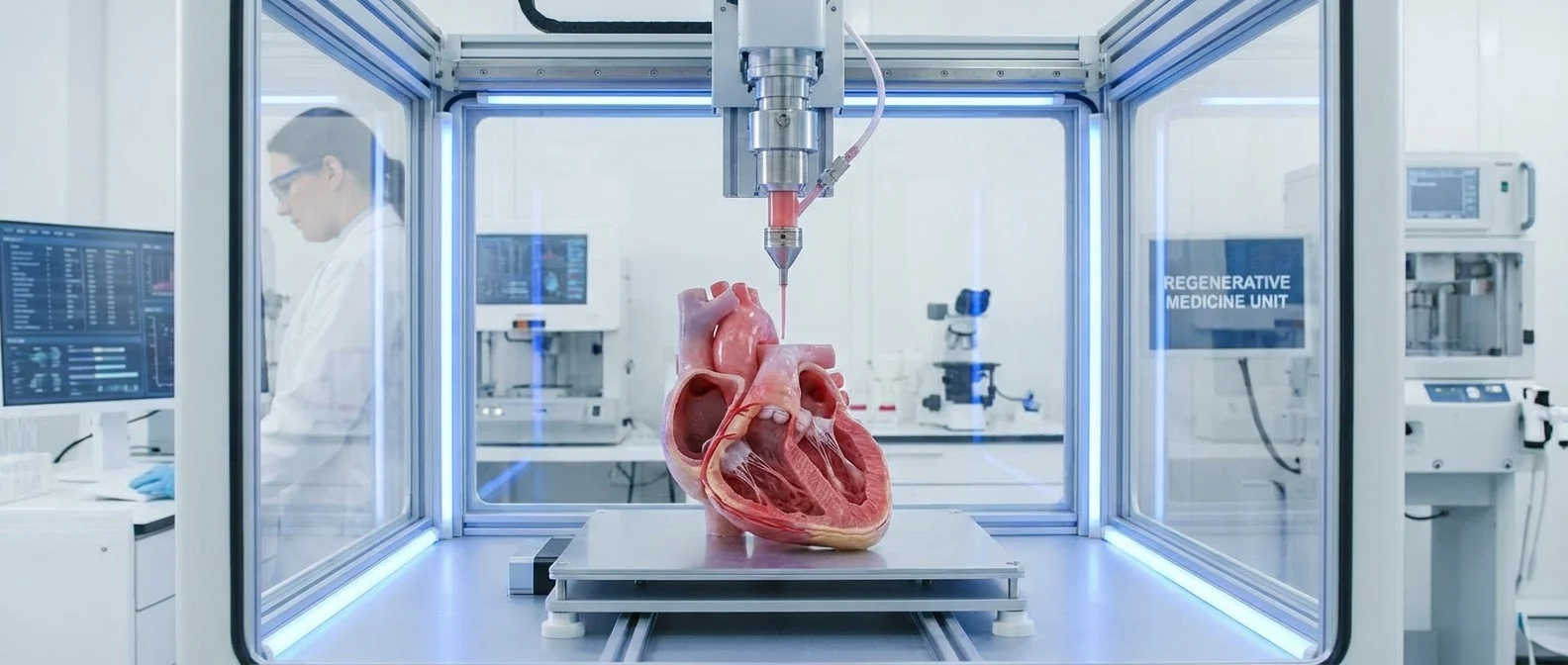 3D bioprinter creating a human heart using bio-inks and stem cell technology
