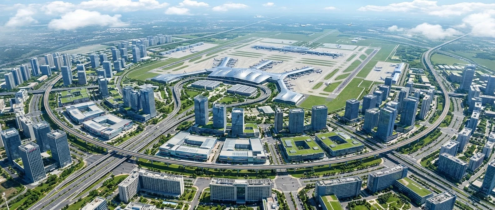 Aerial view of modern aerotropolis development with integrated airport, residential and commercial zones