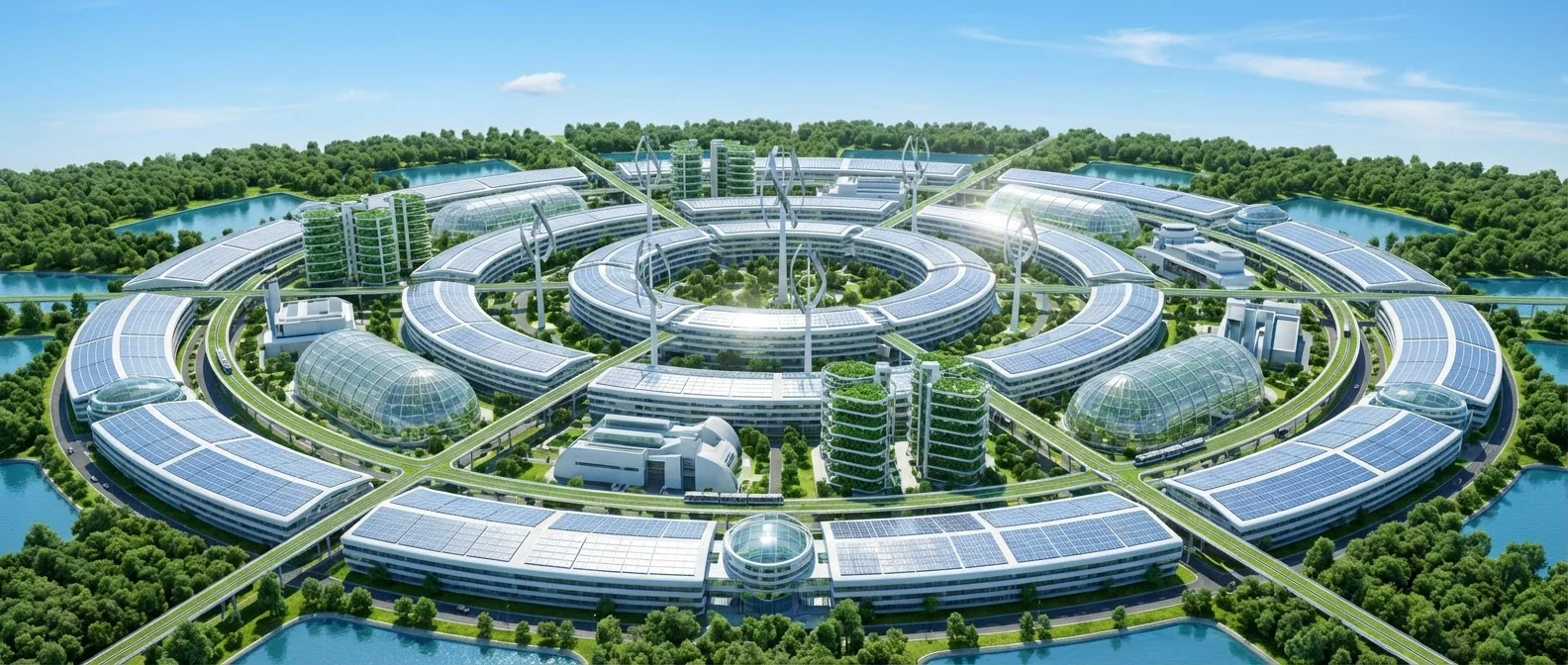 Futuristic self-sufficient city with renewable energy, urban farms, and zero waste circular systems by 2050
