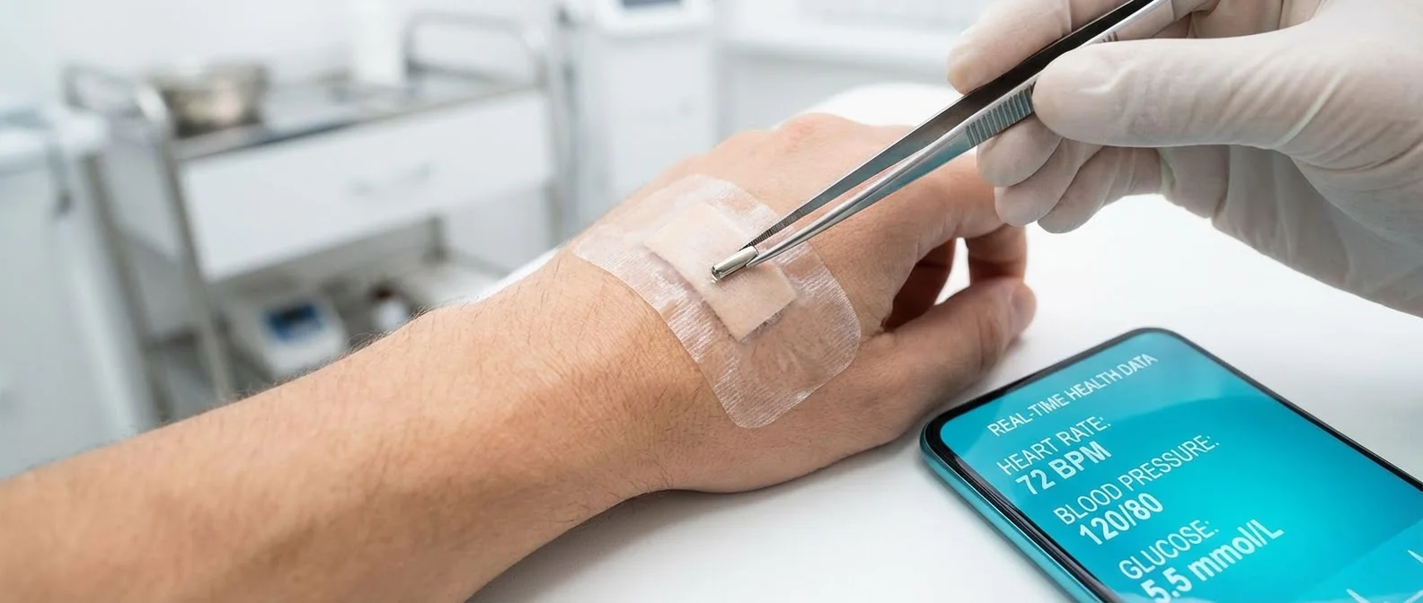 Microscopic implantable health chip smaller than rice grain showing biosensor technology for continuous vital sign monitoring