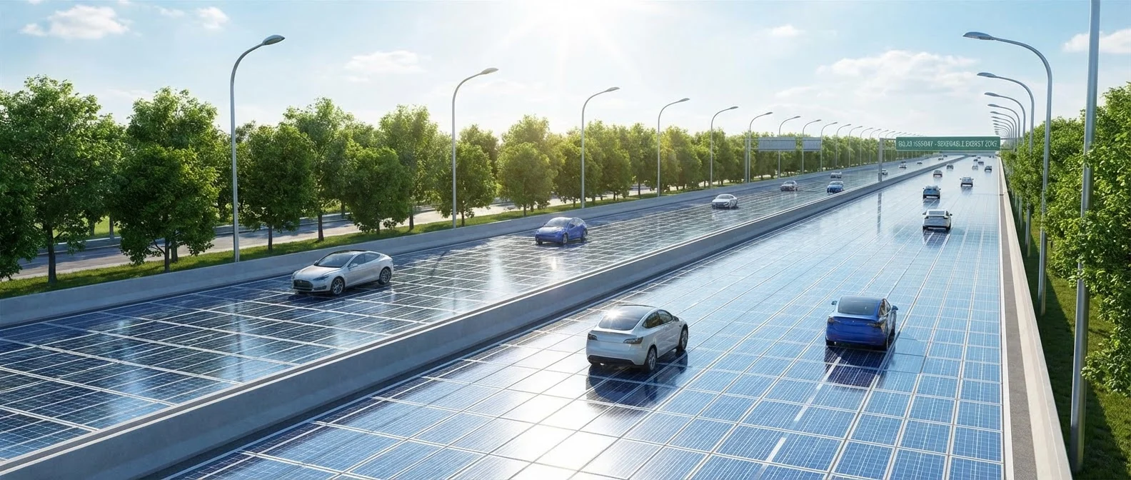 Solar road installation with photovoltaic panels embedded in asphalt surface generating clean electricity
