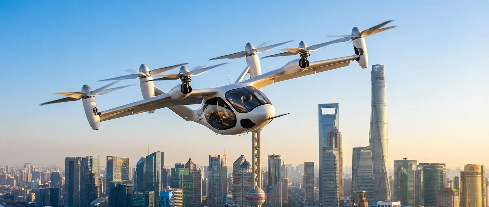 eVTOL flying car prototype hovering above modern city skyline with traditional traffic below