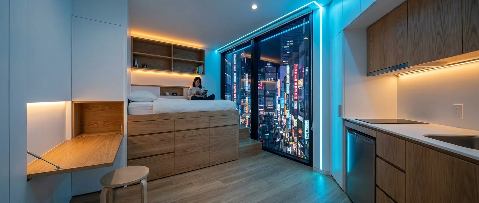 Interior view of a 9 square meter capsule apartment with integrated smart technology, bed, and compact living essentials