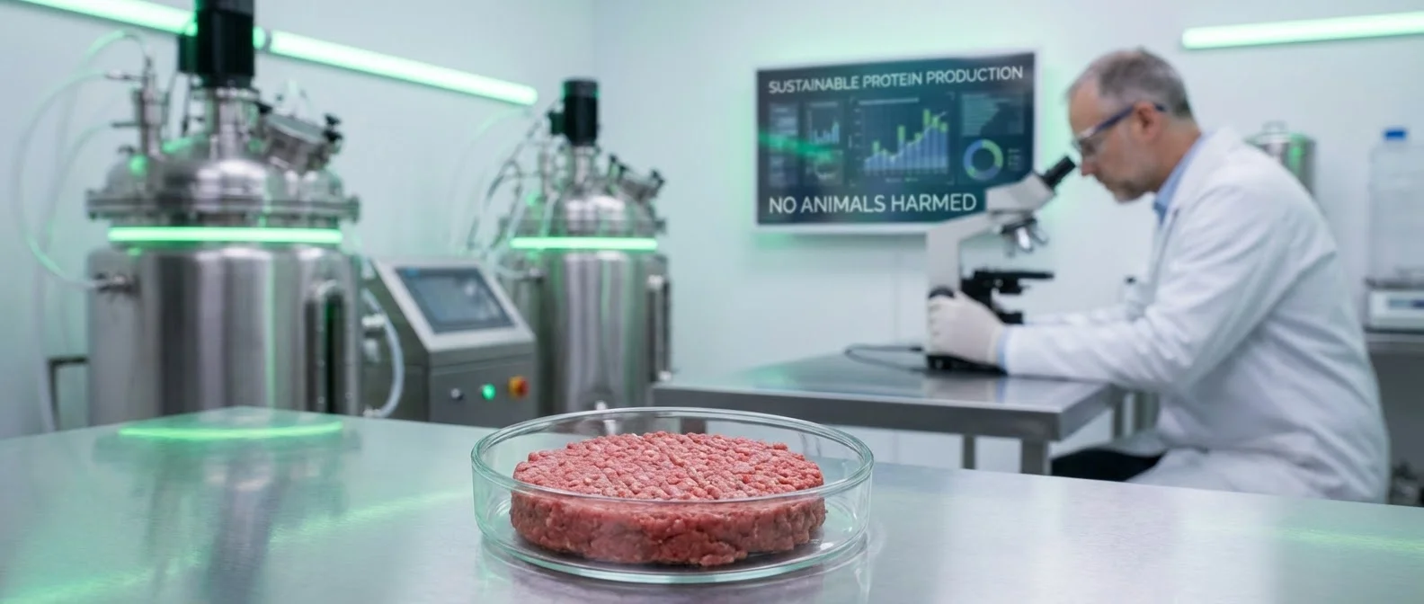 Scientists working with lab-grown meat in cellular agriculture bioreactor facility