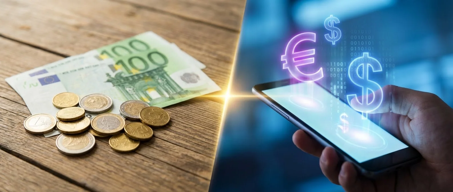 Central bank digital currency concept with mobile payments replacing physical cash and coins