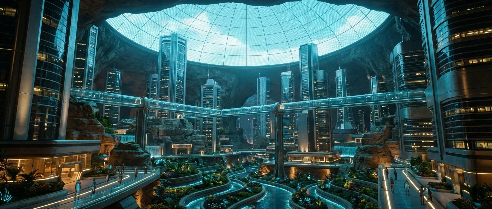 Futuristic underground city with multiple levels, sustainable lighting systems, and advanced ventilation networks