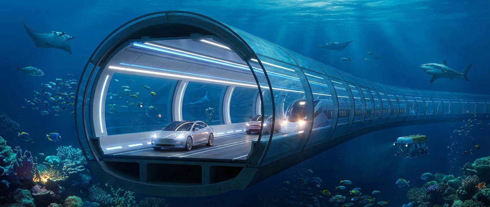 Cross-section view of underwater tunnel construction showing immersed tube technology beneath ocean floor