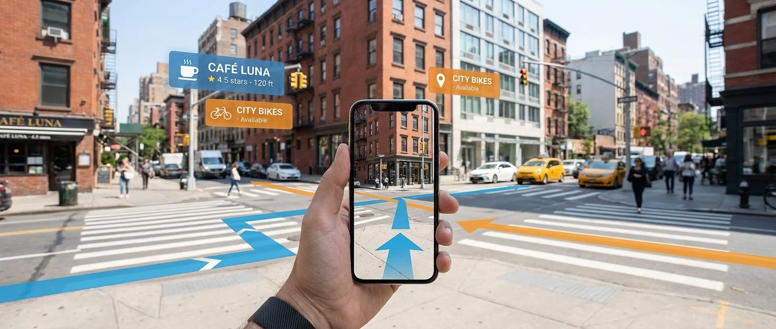 Person using smartphone AR navigation with digital arrows overlaying real street view